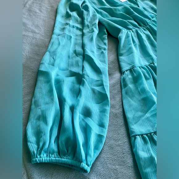 NWT Trina Turk Aqua Turquoise Satin Babydoll Mini Dress Tiered Long Sleeve Large - Picture 7 of 8